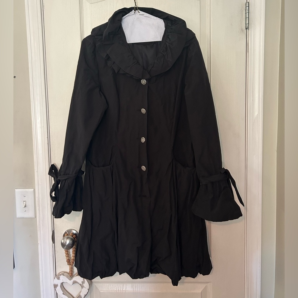 On Parle De Vous Black Ruffled Button-Up Raincoat